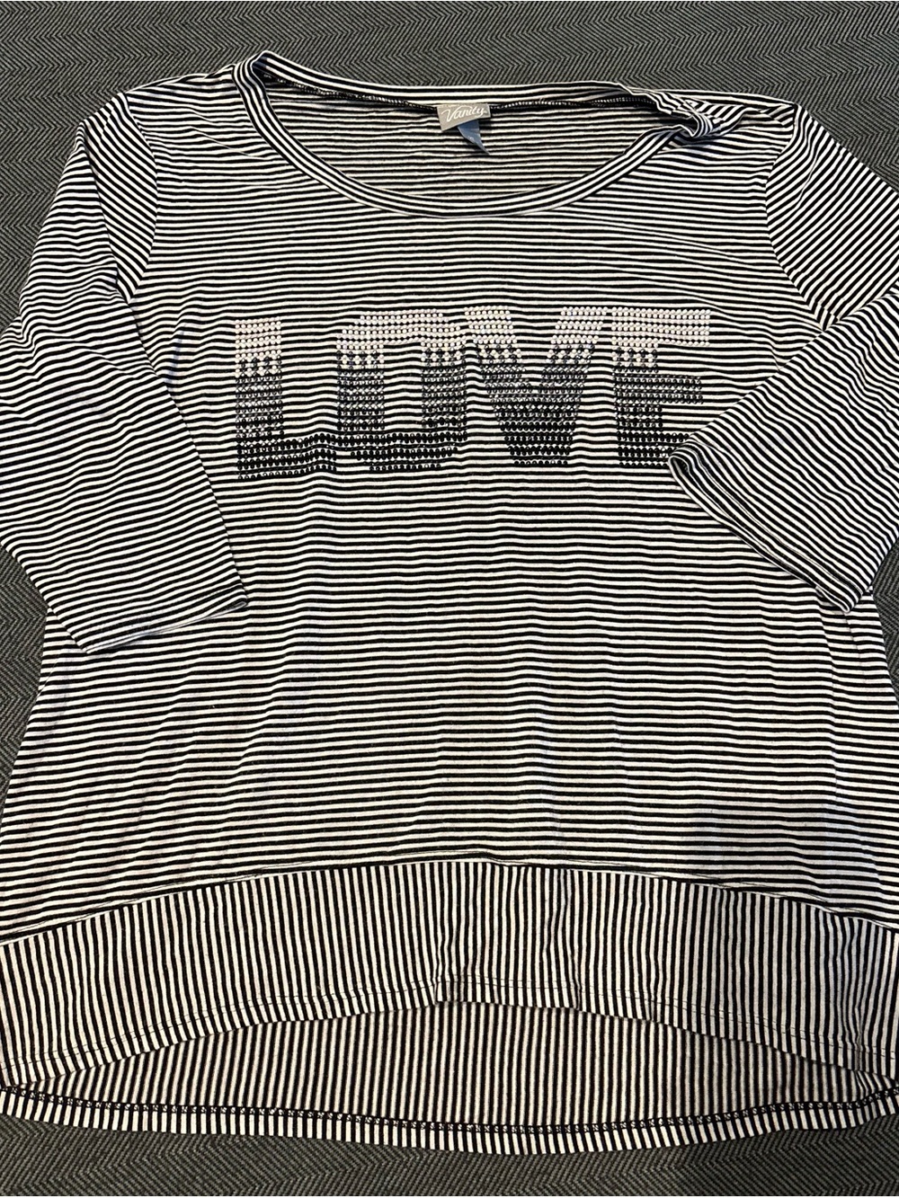 Vanity Black and White Striped Tee with Crew Neck